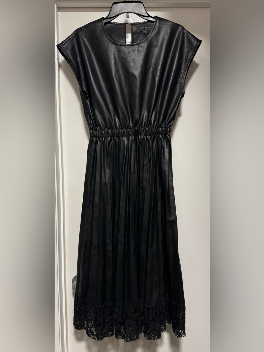 Gracia Black Faux Leather Crewneck Dress